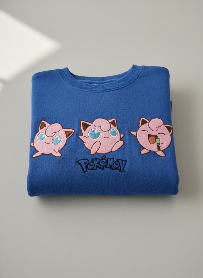 Embroidery Jigglypuff PKM Sweatshirt, Pokemon Character Embroidery Shirt, Jigglypuff Character Embroidery Hoodie, Fashion Clothing