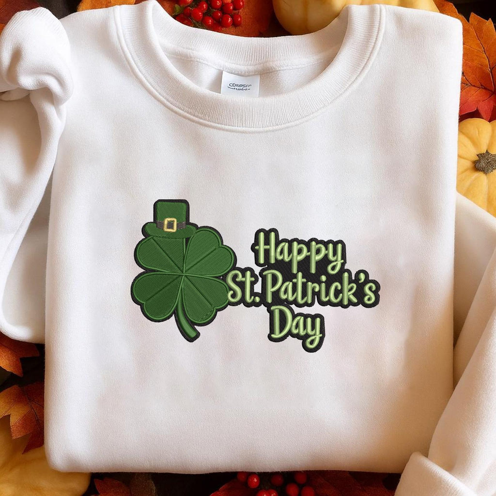 Happy St. Patrick’s Day Embroidered Sweatshirt – Lucky Clover & Leprechaun Irish Holiday Crewneck