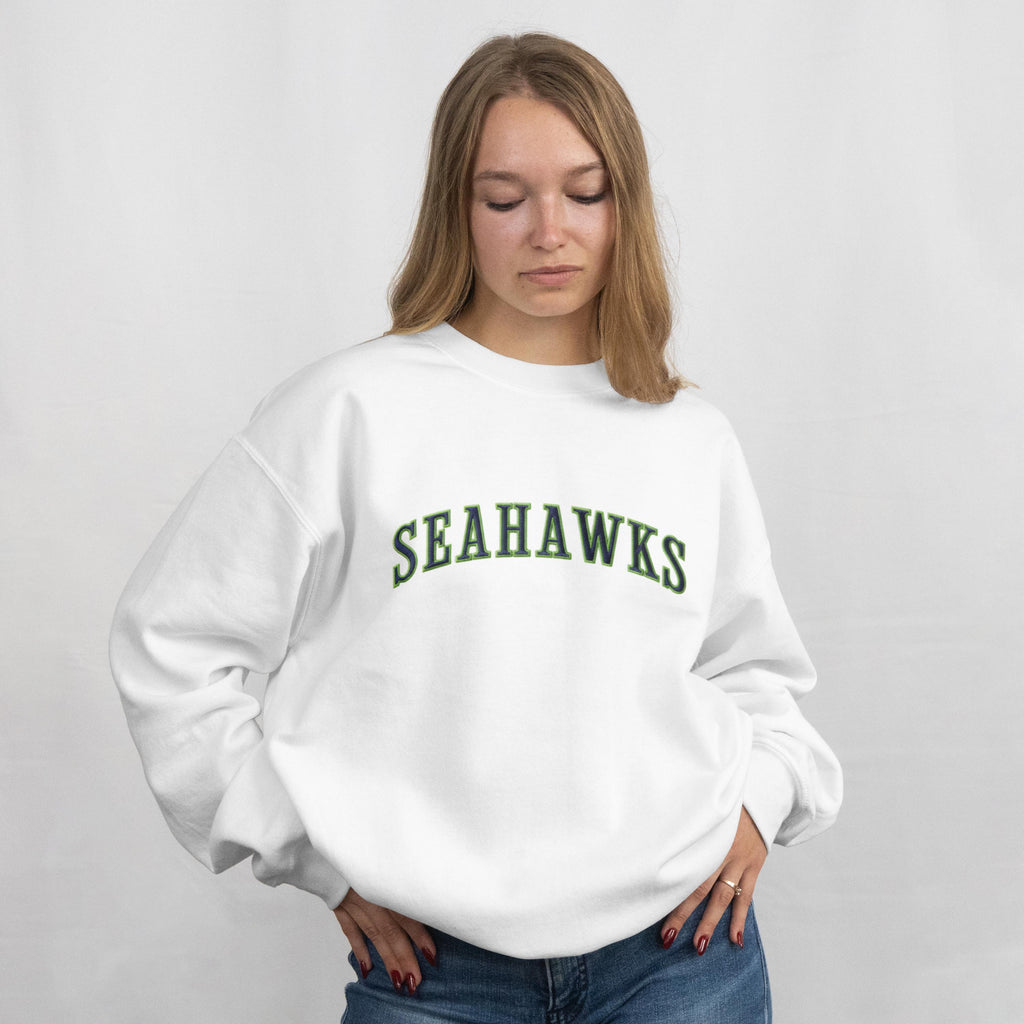 Embroidered Seahawks Crewneck Sweatshirt, Green and Navy Lettering, Seattle Football Fan Merch Apparel