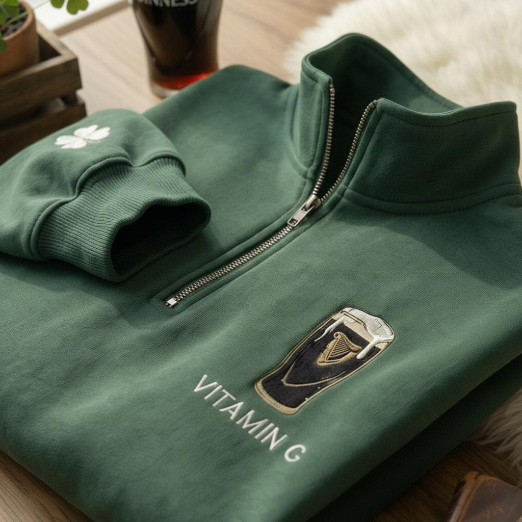 Embroidered Vitamin G Guinness Quarter Zip Sweatshirt: Irish Beer Shirt, St Patrick's Day Tee, Irish Drinking Gift
