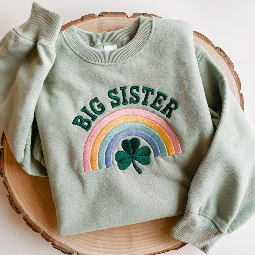 Big Sister Embroidered St. Patrick’s Day Sweatshirt – Kids Shamrock Embroidered Crewneck, Cute Irish Green Sweatshirt