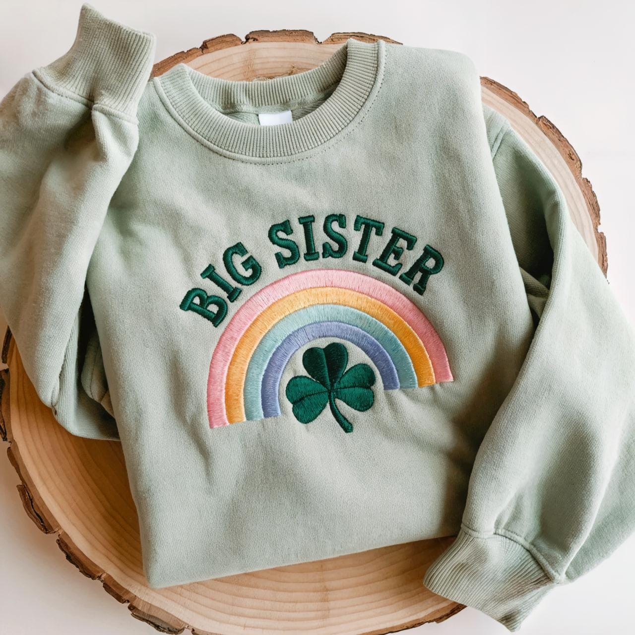 Big Sister Embroidered St. Patrick’s Day Sweatshirt – Kids Shamrock Embroidered Crewneck, Cute Irish Green Sweatshirt