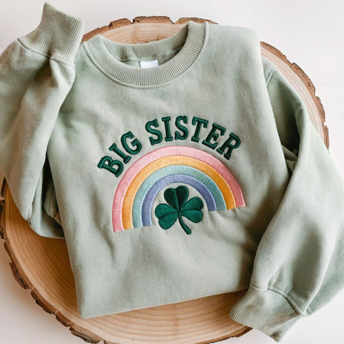 Big Sister Embroidered St. Patrick’s Day Sweatshirt – Kids Shamrock Embroidered Crewneck, Cute Irish Green Sweatshirt