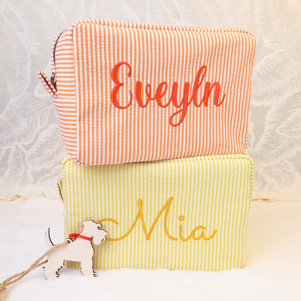 Custom Embroidered Seersucker Toiletry Bag, Personalized Name Travel Pouch, Bridesmaid Gift