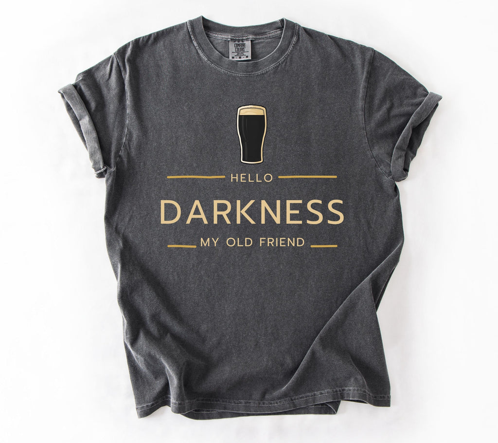 Embroidered Hello Darkness My Old Friend Irish Beer T-Shirt | St Patrick's Day Party  Embroidered  Tee | Funny Drinking Gift | Stout Beer Lover | Irish Pride Apparel