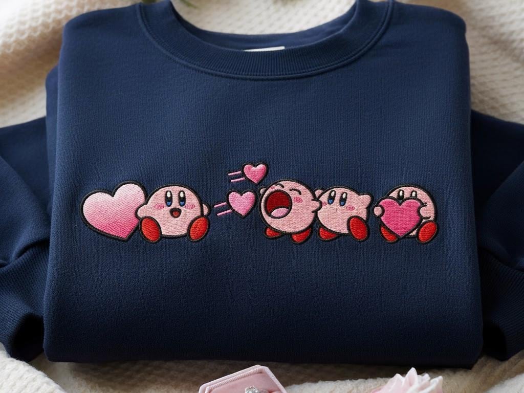 Embroidered Kirby Valentine Sweatshirt with Heart Design, Cute and Funny Valentine’s Day Sweater, Perfect Gift for Girlfriend, Boyfriend or Kirby Lovers