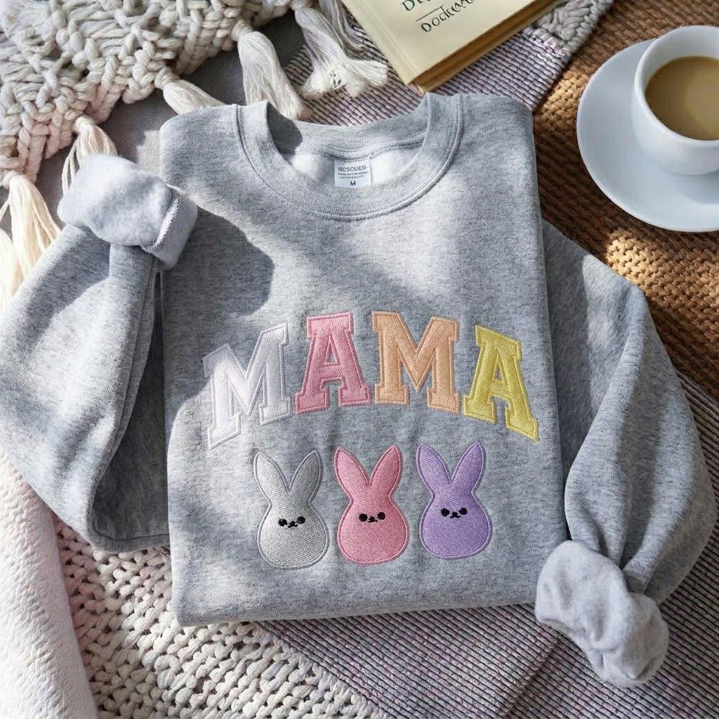 Mama Easter Embroidered Sweatshirt, Bunny Easter Mama Sweatshirt, Easter Mom Sweatshirt, Easter Family Sweatshirt, Mother's Day Gift
