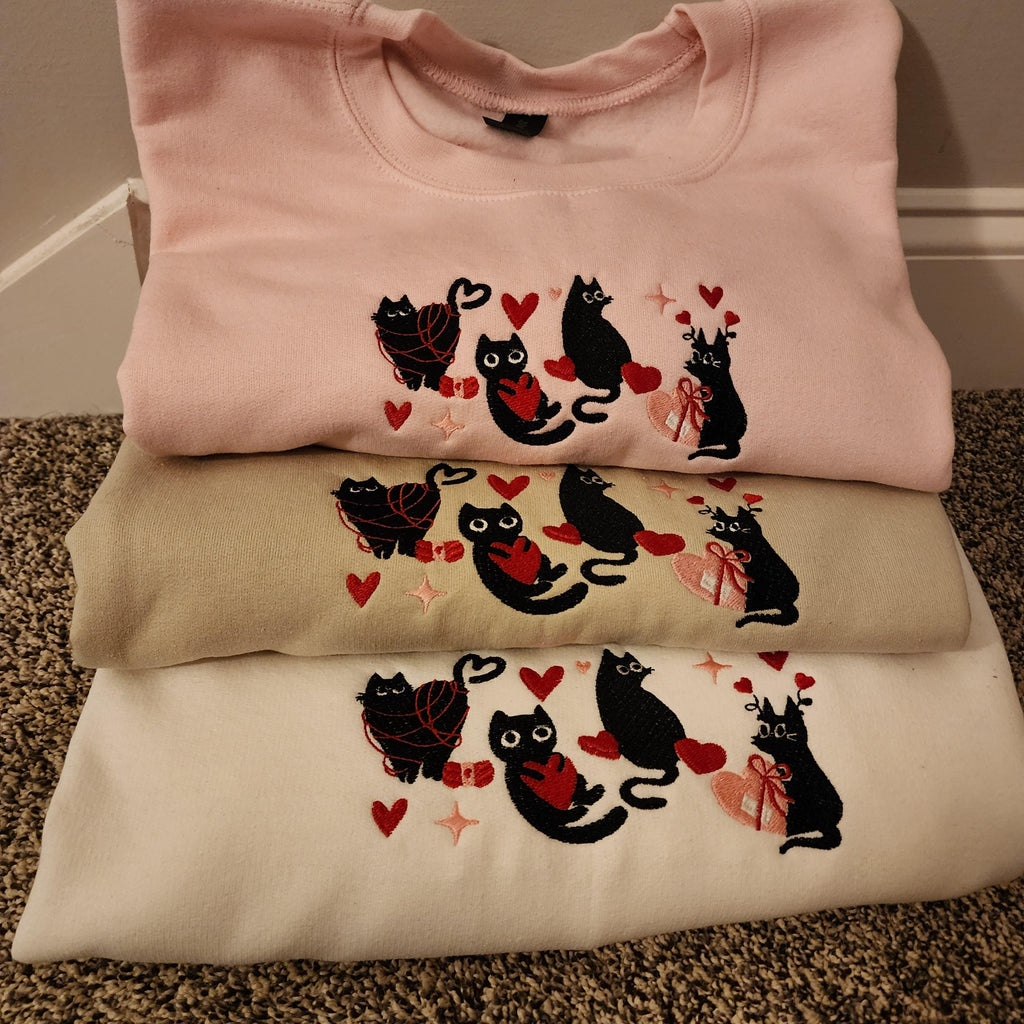 Valentine’s Black Cats Embroidered Sweatshirt, Cat Love Crewneck, XOXO Valentine Sweater