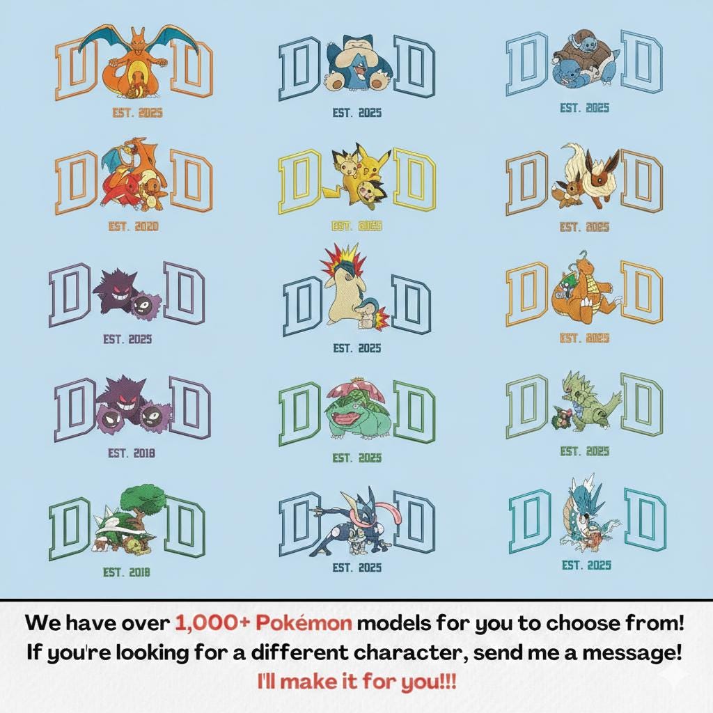 Personalized Dad PKM Embroidered Sweatshirt, Custom Anime Characters Embroidery, Pokedad Unisex Cotton Shirt