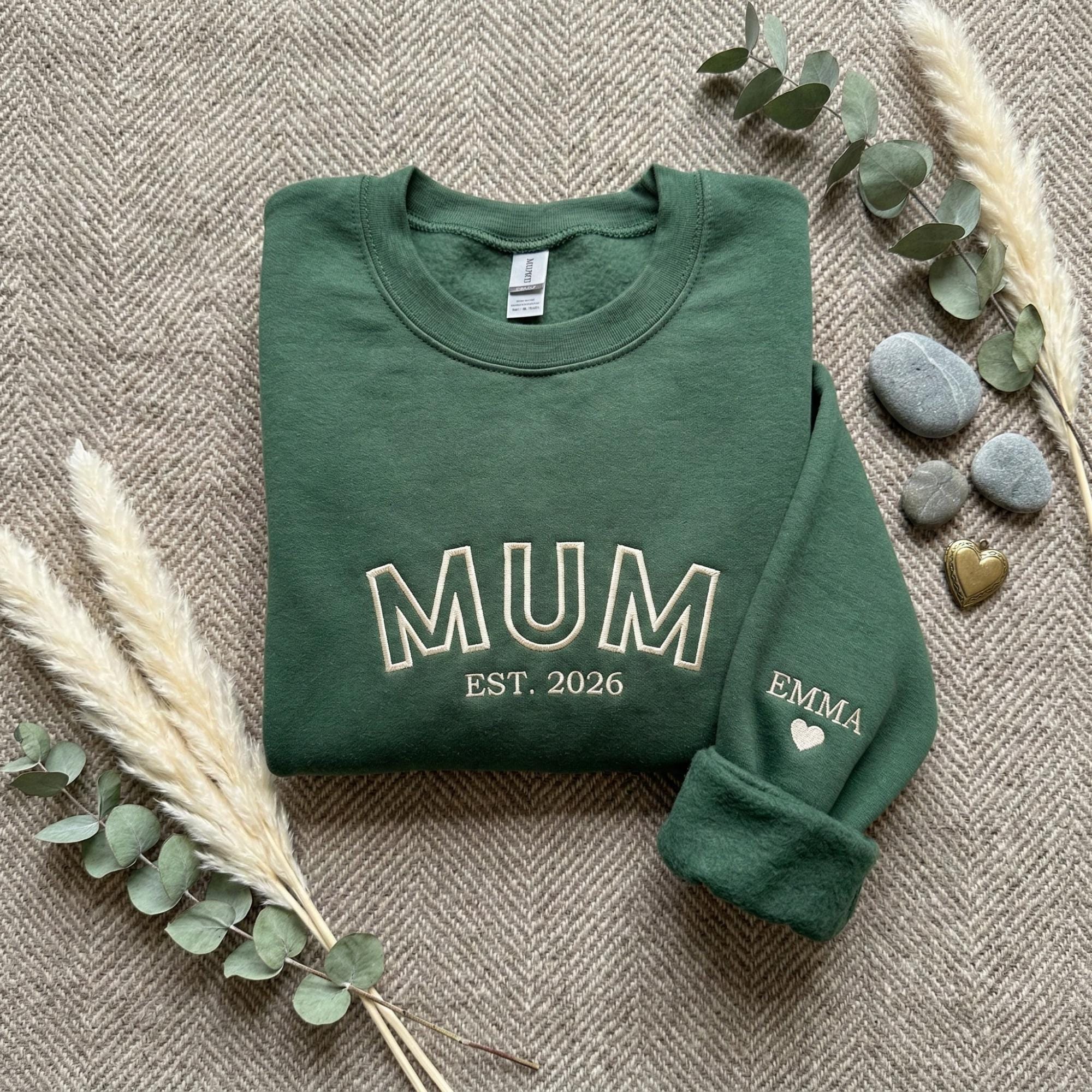 Mothers Day Embroidered Hoodie and Sweatshirt, Special Font, Sleeve Name/Date, Gift for Mama