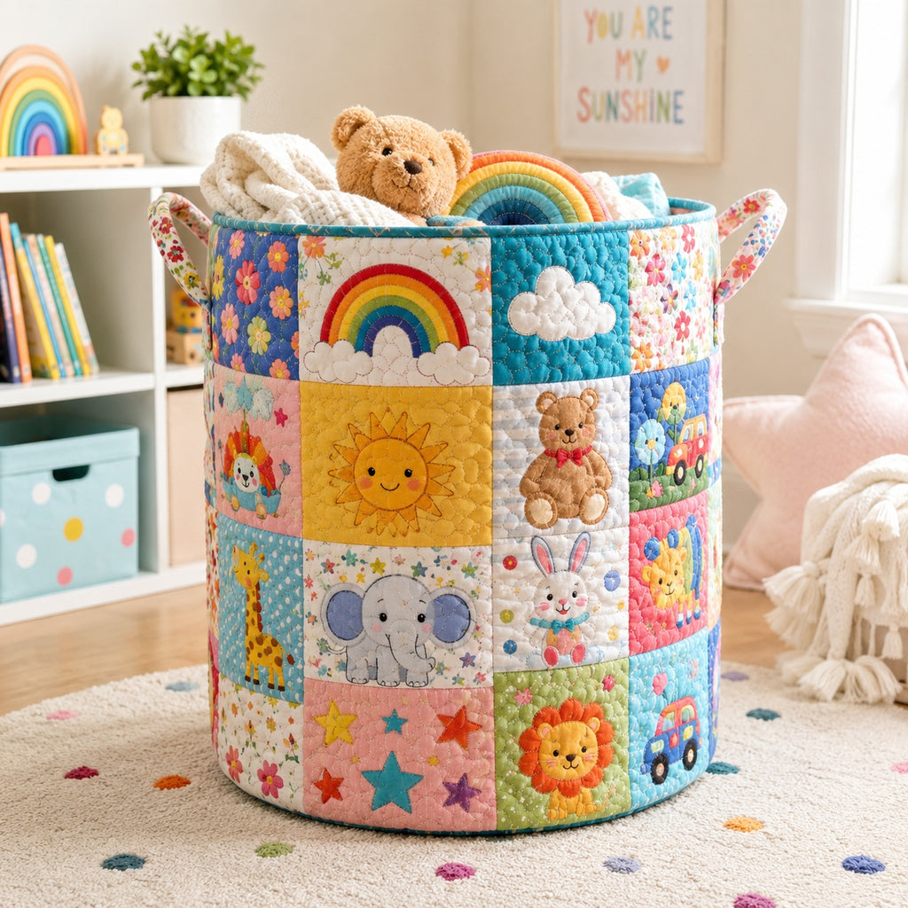 Personalized Patchwork Toy Storage Basket, Quilted Nursery Laundry Hamper, Rainbow Teddy Bear Baby Room Organizer, Custom Kids Storage Bin QBK86