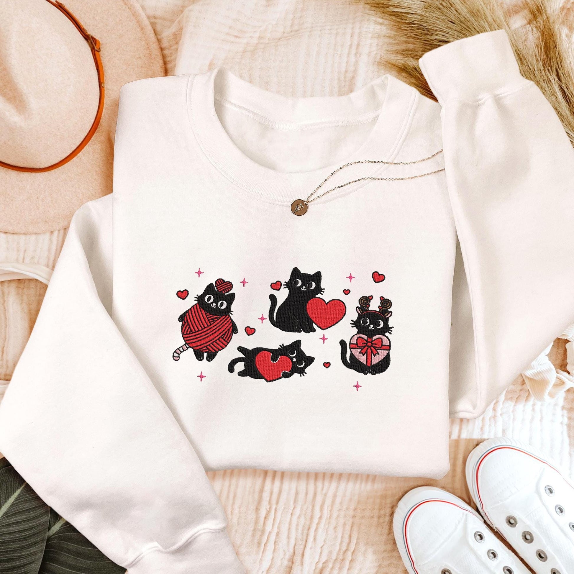 Embroidered Black Cat Sweatshirt, Valentine’s Day Cat Lover Sweater, Cute Cat Mama Gift