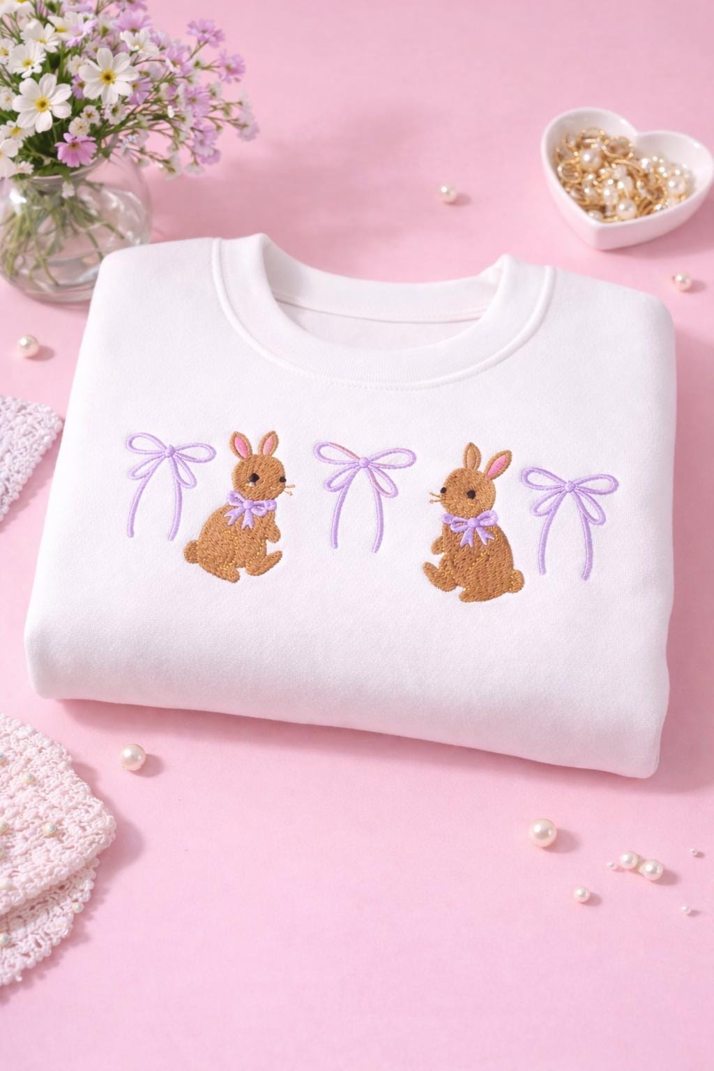 Pastel Bunny Embroidered Sweatshirt with Bows, Cute Cottagecore Crewneck Pullover, Personalized  Easter Aesthetic Sweater, Soft Girl Spring Easter Outfit,