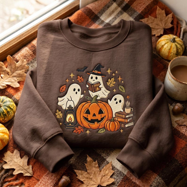 Embroidered Halloween Ghost Shirt, Cute Pumpkin Witch Shirt, Spooky Fall Season Shirt, Funny Pumpkin Ghost Shirt, Halloween Gift Shirt HLNS02