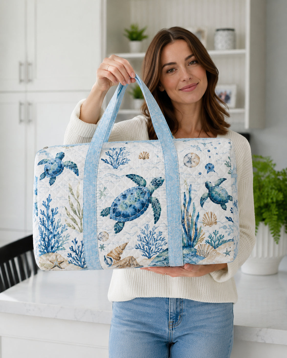 Sea Turtle Quilted Duffle Bag, Coastal Ocean Duffle Bag, Overnight Bag, Quilted Travel Bag, Quilted Weekend Bag, Custom Bag Gift DFB17