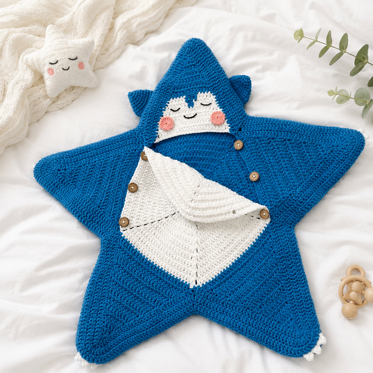 Personalized Shark Baby Swaddle, Star Cocoon, Custom Baby Star Romper Sleep Sack, Hooded Newborn Wrap, Handmade Crochet Knit Outfit, Custom Name Baptism Baby Shower Gift BABYSR02