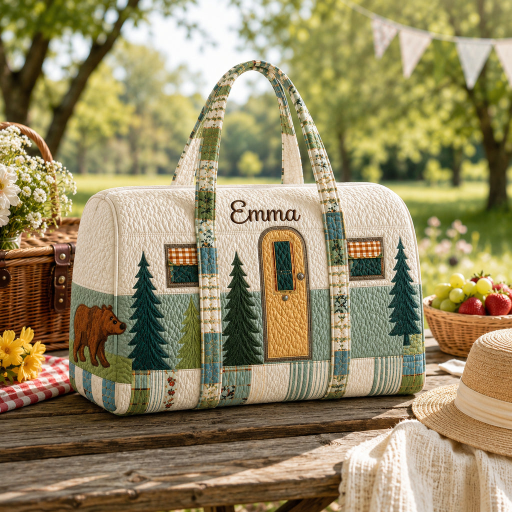 Personalized Camping Quilted Duffle Bag, Custom Camper Travel Bag with Name, Glamping Weekender Bag, Camper Lover Gift DFB24