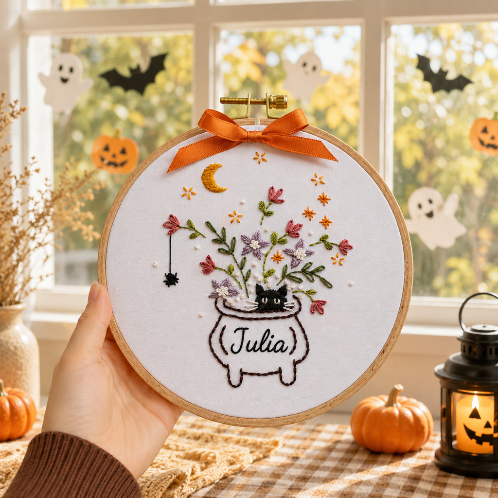 Personalized Witch Cauldron Hand-Embroidery Hoop, Halloween Floral Wall Decor, Custom Name Spooky Fall Gift, Handmade Halloween Decor HOOP03