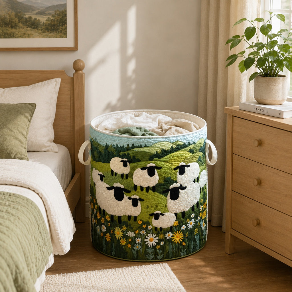 Sheep Pattern Quilted Laundry Basket, Sheep Storage Hamper, Custom Name Quilted Basket, Laundry Room Decor, Fabric Clothes Basket QBK76