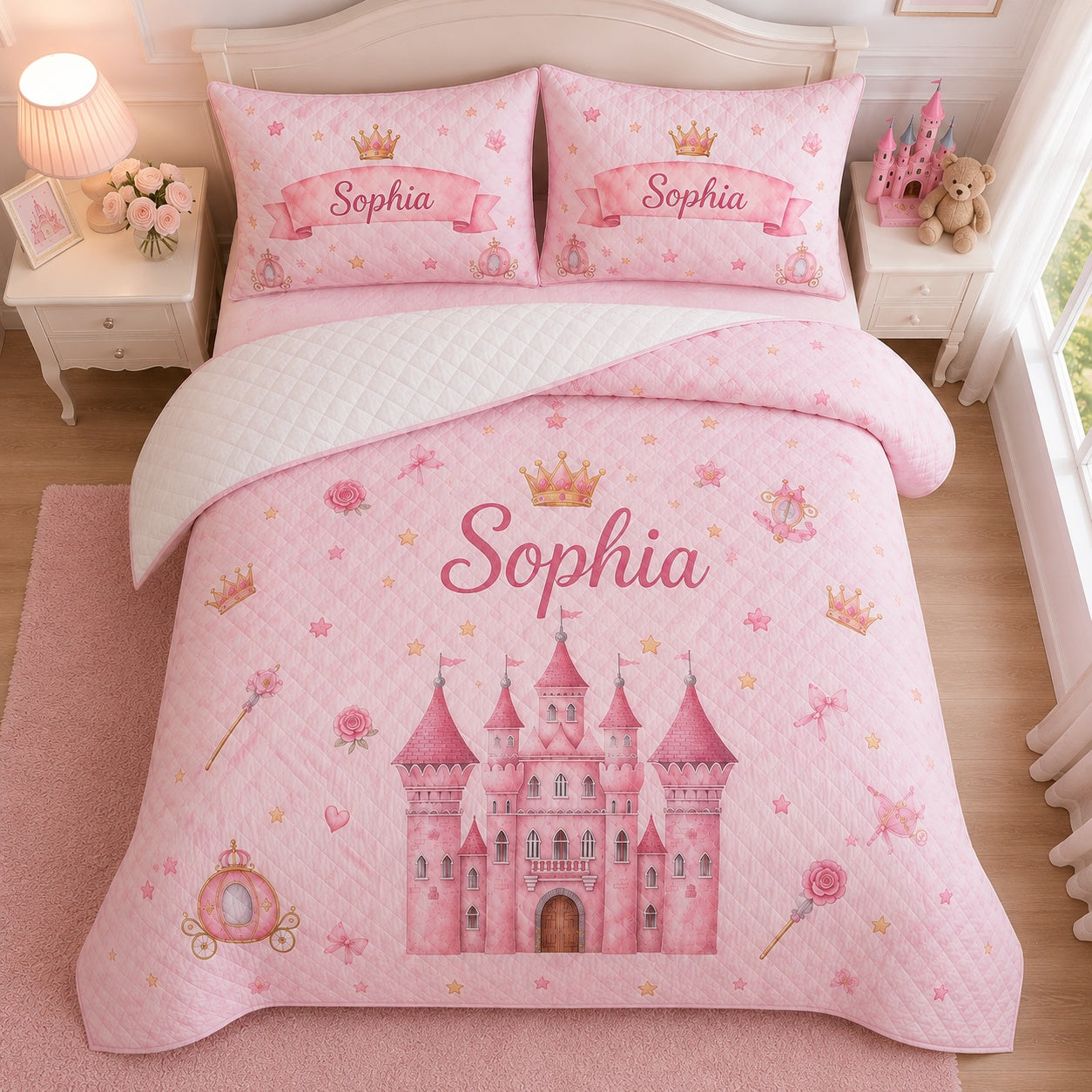 Personalized Princess Castle Quilted Bedding Set, Princess Blanket, Custom Pink Girls Quilt Set with Pillow Covers, Princess Bedroom Decor QBEDSET02