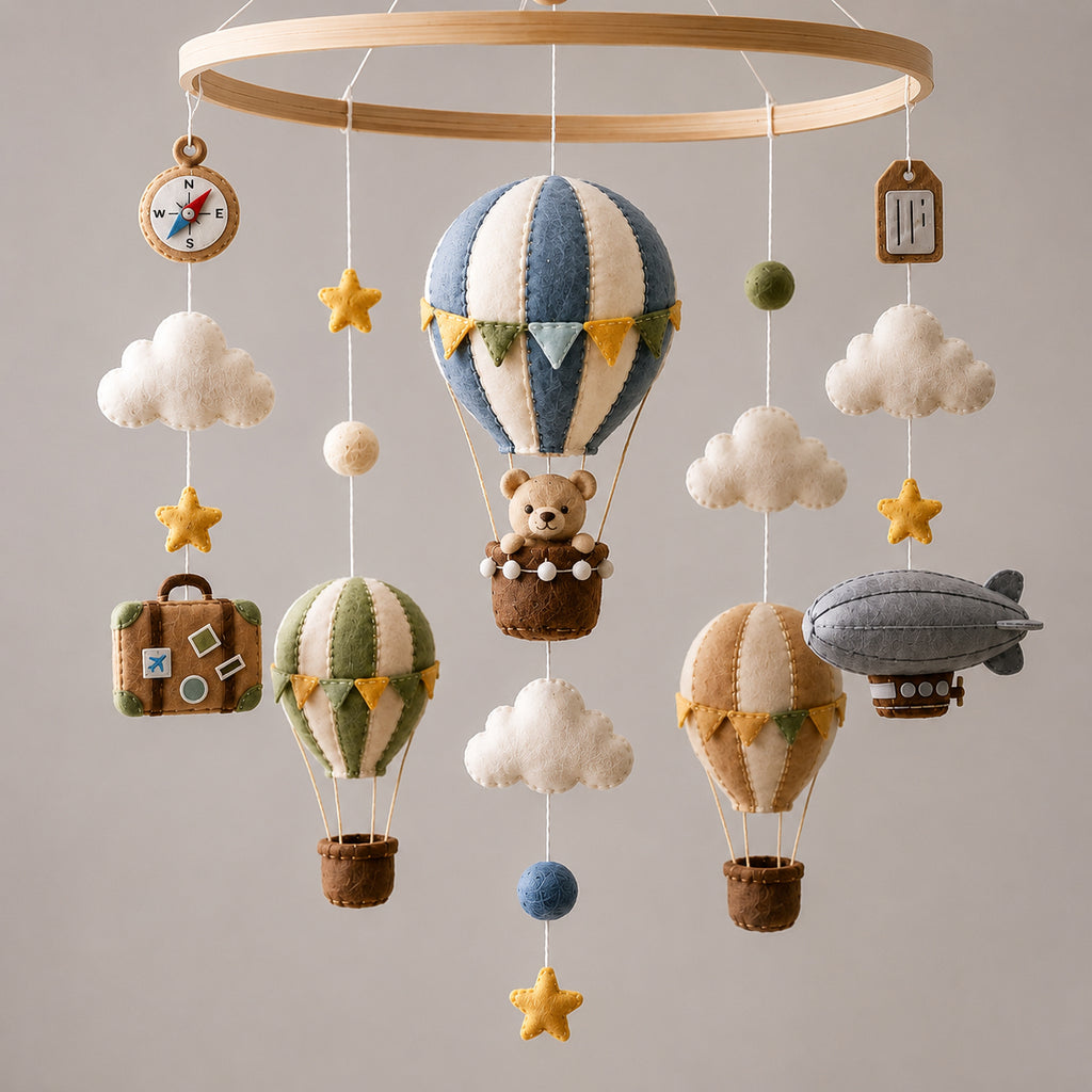 Personalized Adventure Hot Air Balloon Felt Baby Mobile, Handmade Travel Nursery Crib Mobile, Bear and Cloud Baby Room Decor BBMB02