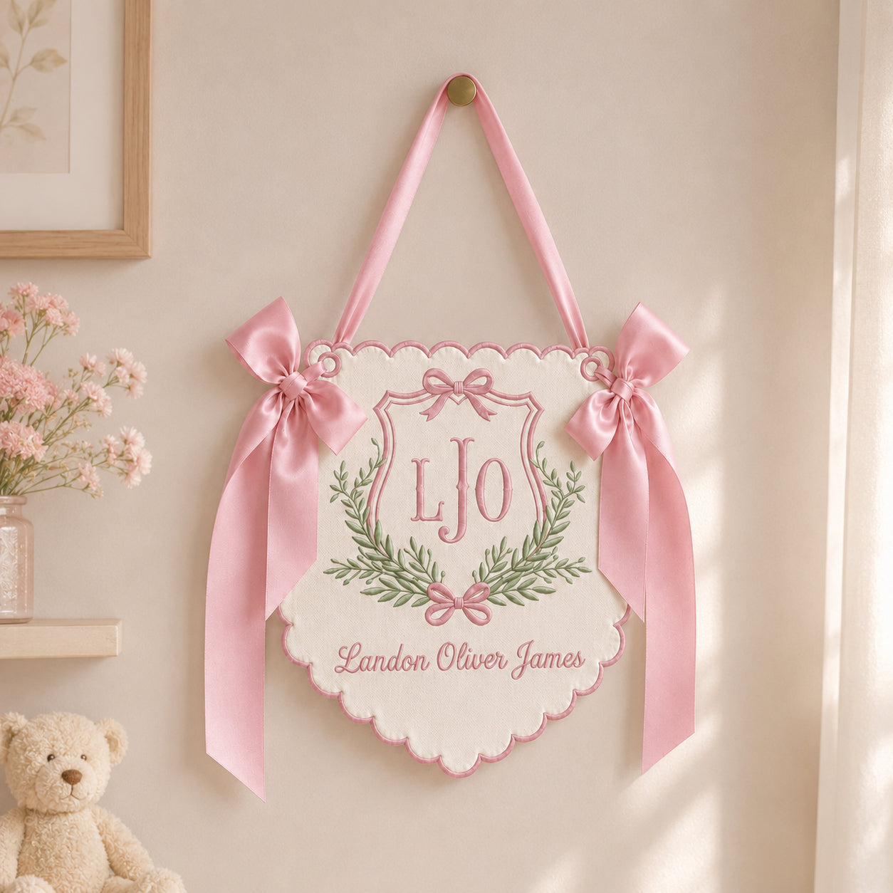 Personalized Embroidered Baby Name Banner, Custom Monogram Nursery Pennant, Hospital Door Announcement, Newborn Nursery Decor Gift BBFLAG02