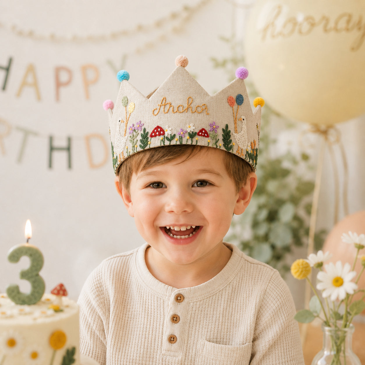 Hand-Embroidered Linen Birthday Crown, Personalized Floral Name Keepsake, Birthday Crown For Kid, Custom Embroidered Crown EMC02