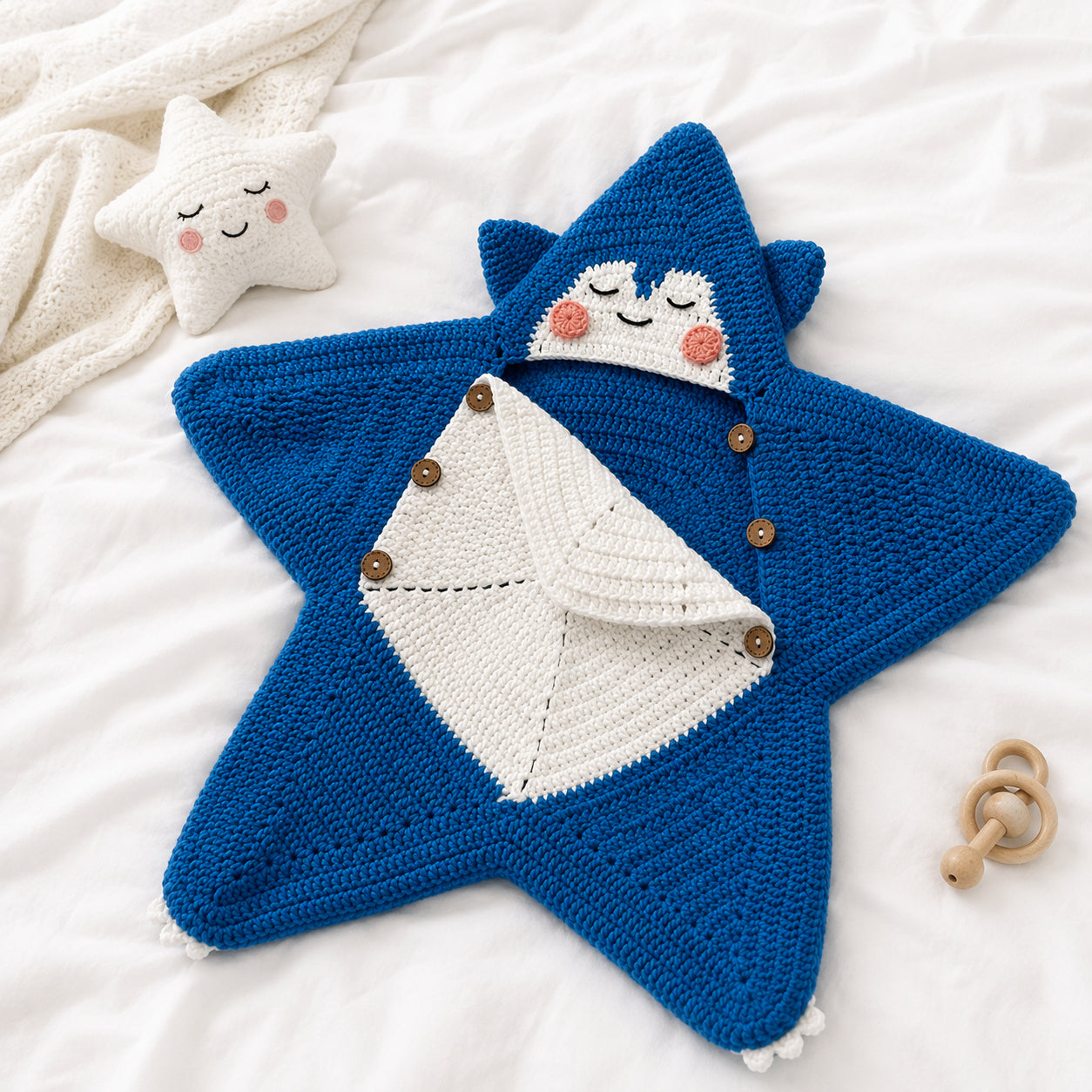 Personalized Shark Baby Swaddle, Star Cocoon, Custom Baby Star Romper Sleep Sack, Hooded Newborn Wrap, Handmade Crochet Knit Outfit, Custom Name Baptism Baby Shower Gift BABYSR02
