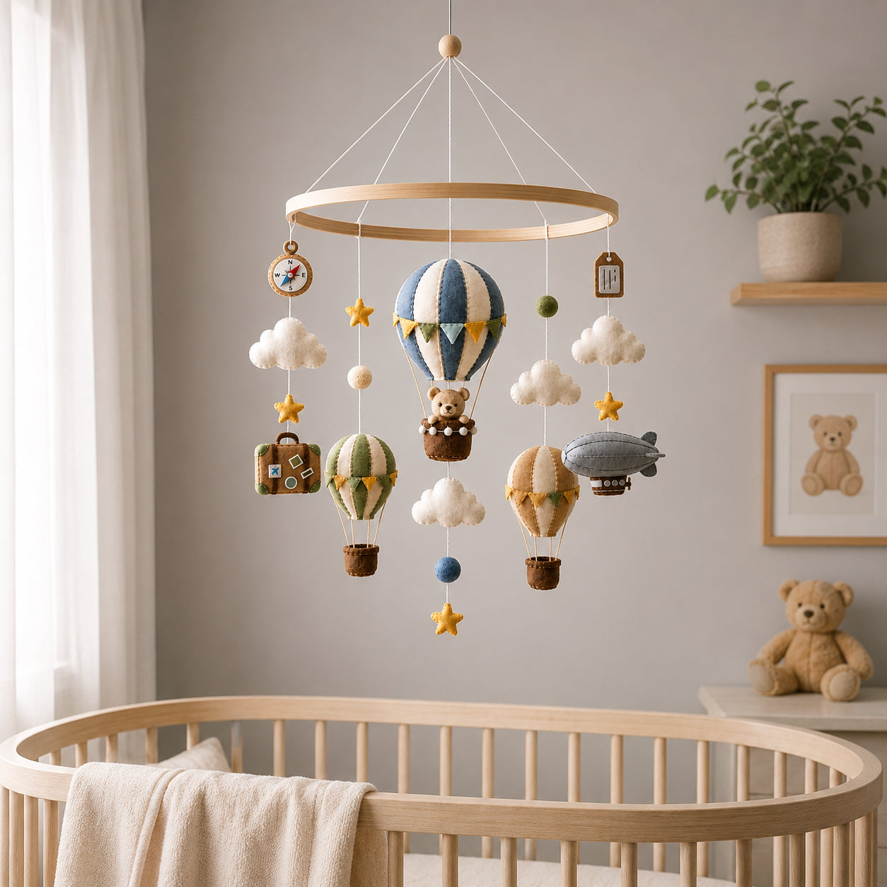 Personalized Adventure Hot Air Balloon Felt Baby Mobile, Handmade Travel Nursery Crib Mobile, Bear and Cloud Baby Room Decor BBMB02
