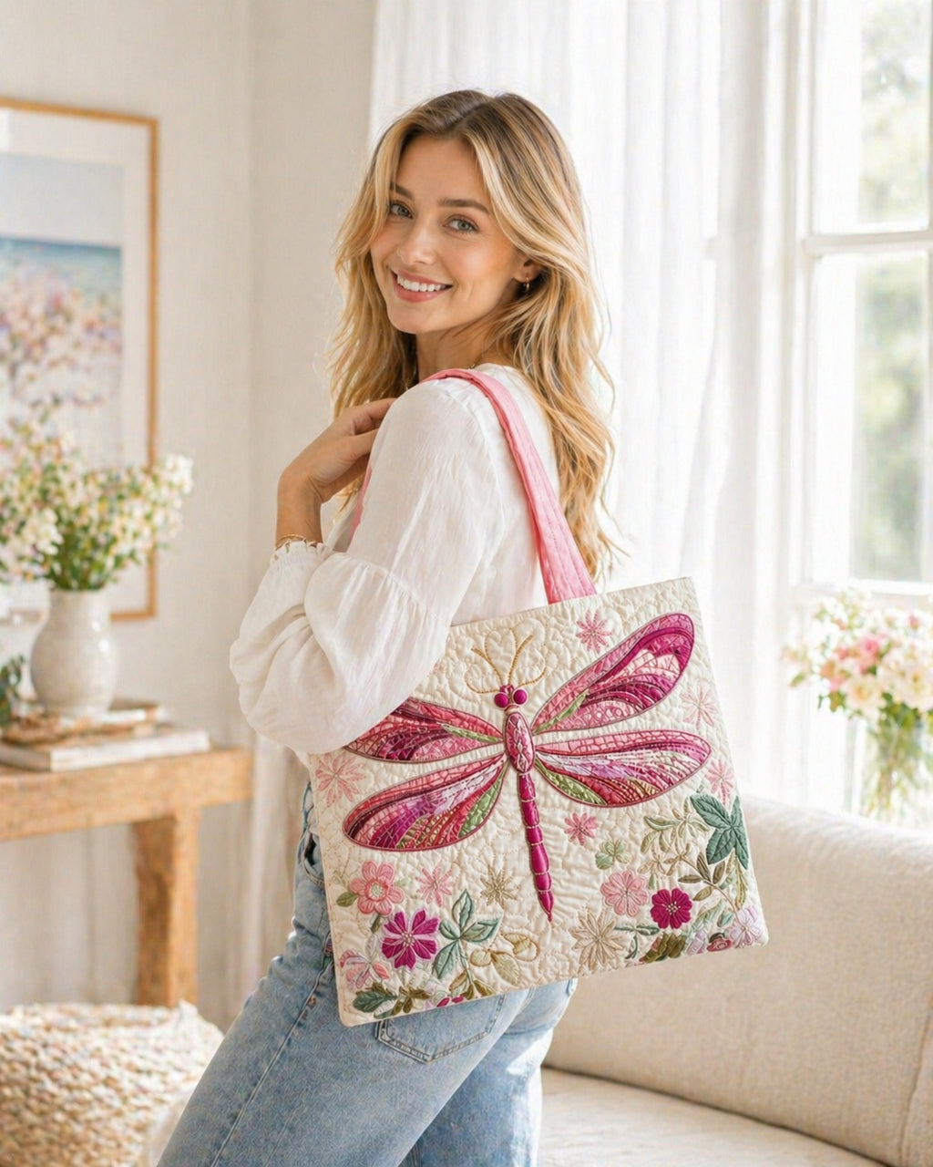 Pink Dragonfly Floral Quilted Tote Bag, Dragonfly Pattern Tote Bag, Quilted Shoulder Bag, Quilted Book Bag, Fabric Bag QTOTE76