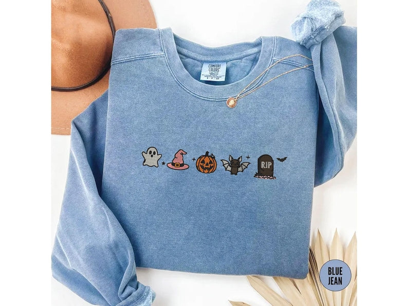 Cute Halloween Embroidery Shirt, Minimalist Halloween Embroidery Shirt, Spooky Season Embroidery Tee HLEM02