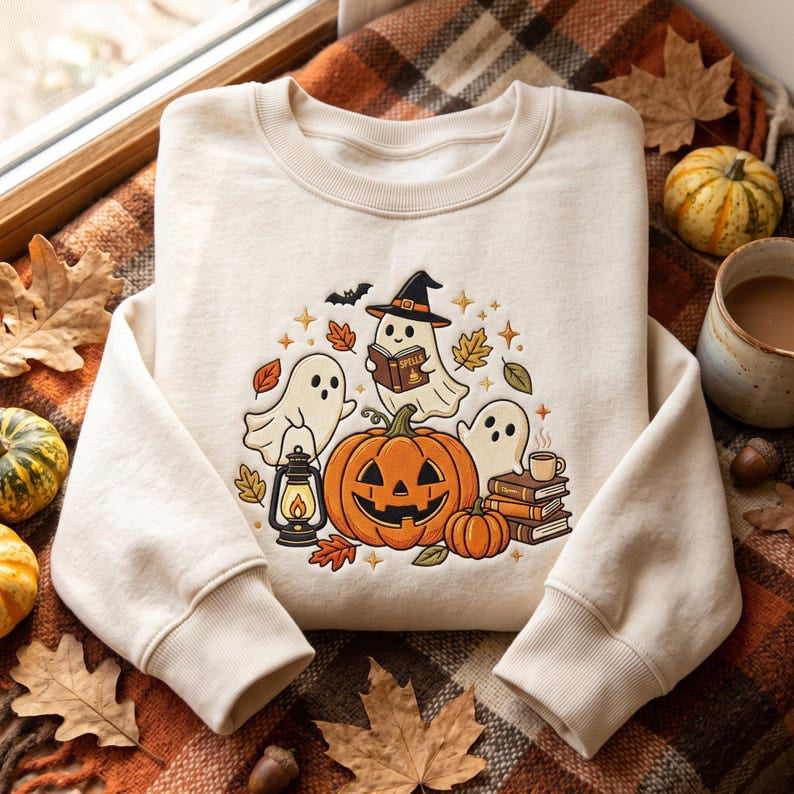 Embroidered Halloween Ghost Shirt, Cute Pumpkin Witch Shirt, Spooky Fall Season Shirt, Funny Pumpkin Ghost Shirt, Halloween Gift Shirt HLNS02