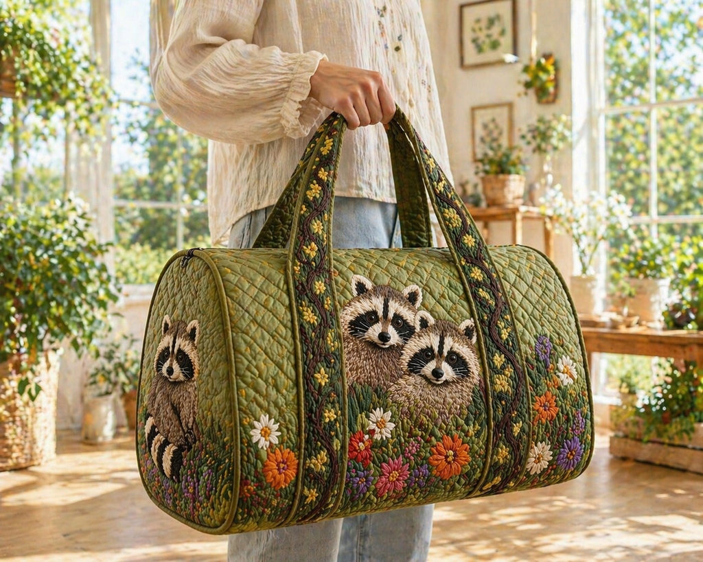 Racoon Quilted Duffle Bag, Racoon Duffle Bag, Overnight Bag, Quilted Travel Bag, Quilted Weekend Bag, Custom Bag Gift DFB21