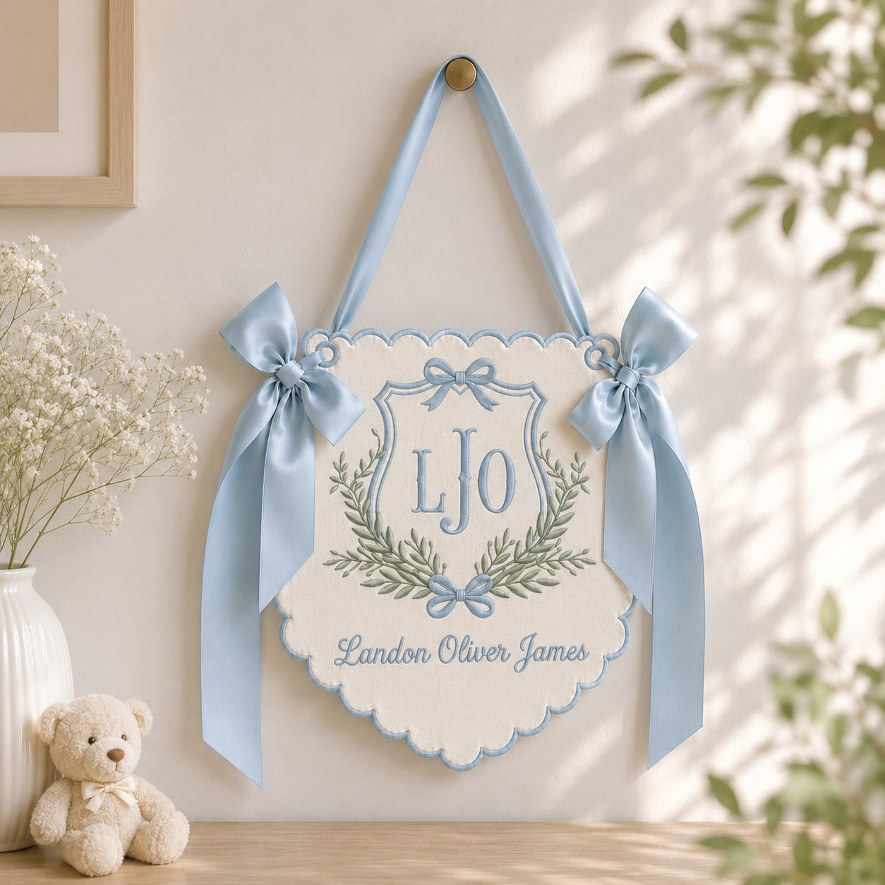 Personalized Embroidered Baby Name Banner, Custom Monogram Nursery Pennant, Hospital Door Announcement, Newborn Nursery Decor Gift BBFLAG02