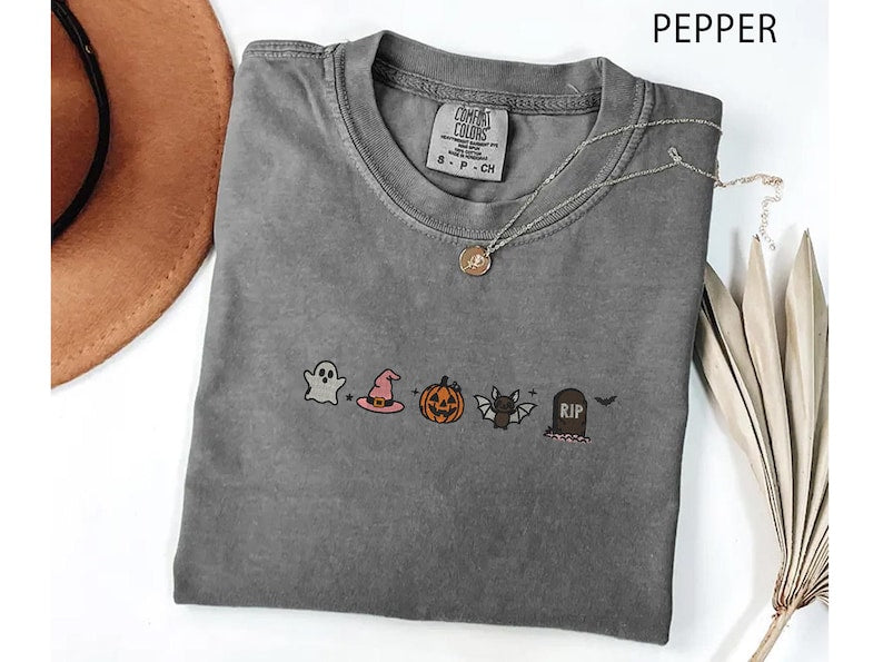Cute Halloween Embroidery Shirt, Minimalist Halloween Embroidery Shirt, Spooky Season Embroidery Tee HLEM02
