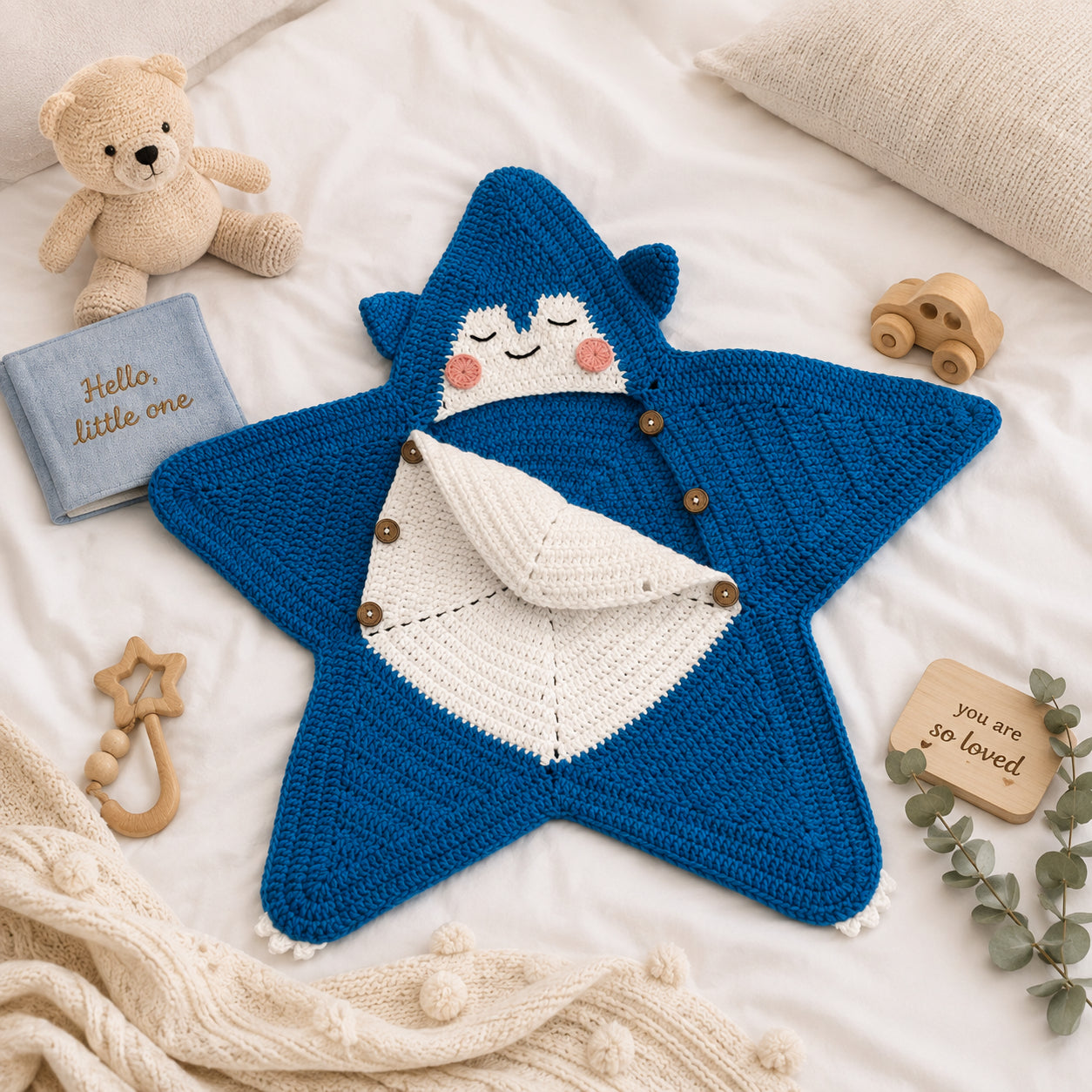 Personalized Shark Baby Swaddle, Star Cocoon, Custom Baby Star Romper Sleep Sack, Hooded Newborn Wrap, Handmade Crochet Knit Outfit, Custom Name Baptism Baby Shower Gift BABYSR02