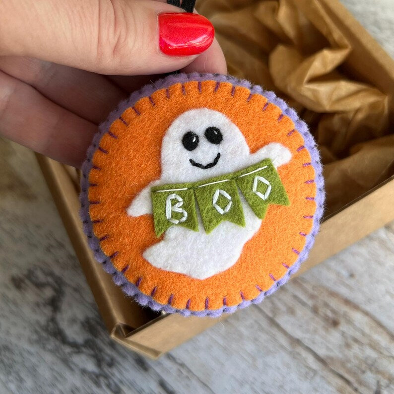 Set 6Pcs - Handmade Halloween Felt Tree Ornament, Cute Ghost Pumpkin Skull Hanging Decoration, Spooky Halloween Gift HFOR02
