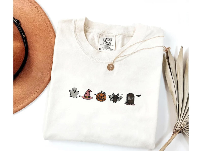 Cute Halloween Embroidery Shirt, Minimalist Halloween Embroidery Shirt, Spooky Season Embroidery Tee HLEM02