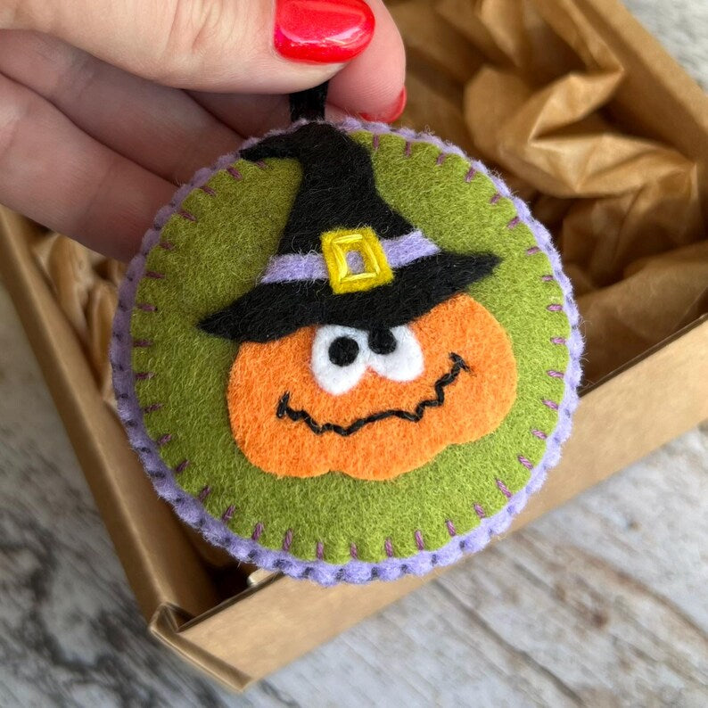 Set 6Pcs - Handmade Halloween Felt Tree Ornament, Cute Ghost Pumpkin Skull Hanging Decoration, Spooky Halloween Gift HFOR02