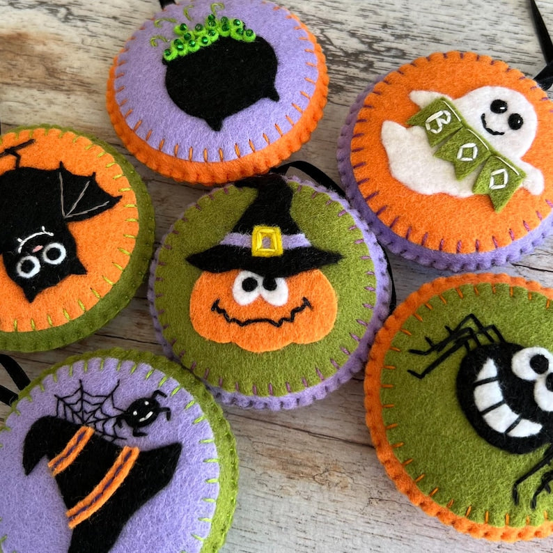 Set 6Pcs - Handmade Halloween Felt Tree Ornament, Cute Ghost Pumpkin Skull Hanging Decoration, Spooky Halloween Gift HFOR02