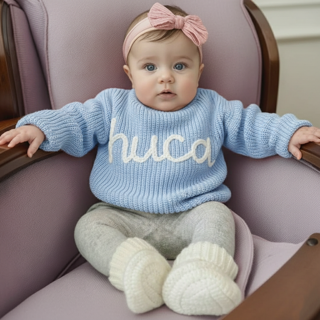Custom Name Baby Sweater, Hand Embroidered Knit Sweater, Personalized Baby Clothes, Birthday Gift for Girls or Boys