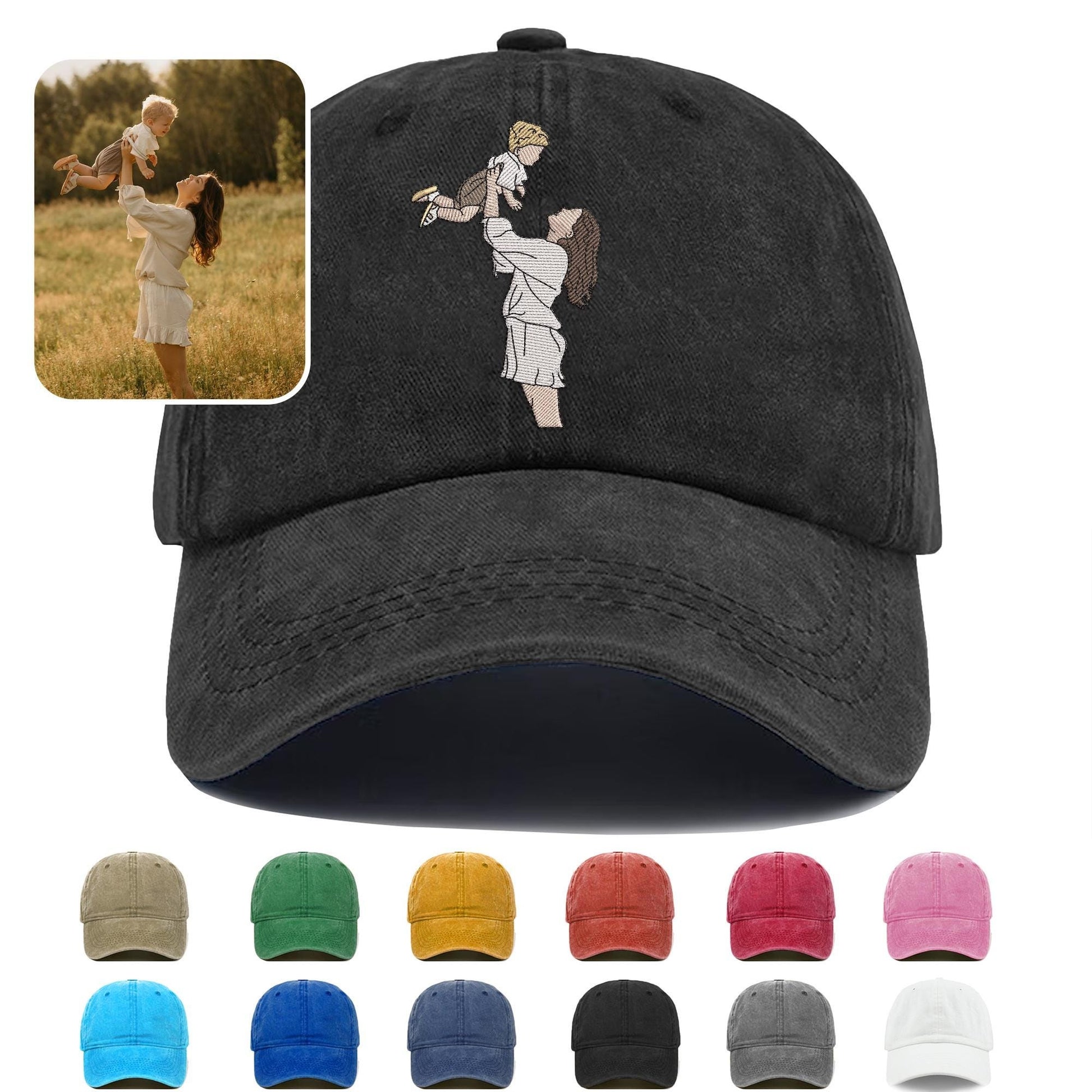 Custom Embroidered Portrait Mom Hat, Personalized Cotton Gift for Mother's Day Birthday Christmas Men Women Handmade Unique Photo