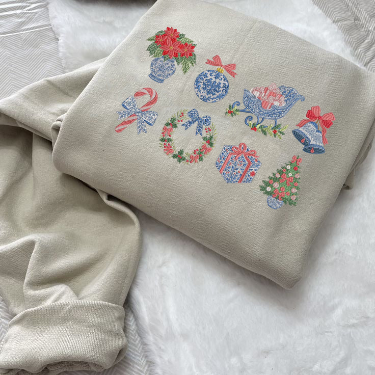 Christmas Icons Embroidered Sweatshirt, Holiday Gift Sweater, Cozy Winter Crewneck, Festive Outfit, Cute Xmas Sweater