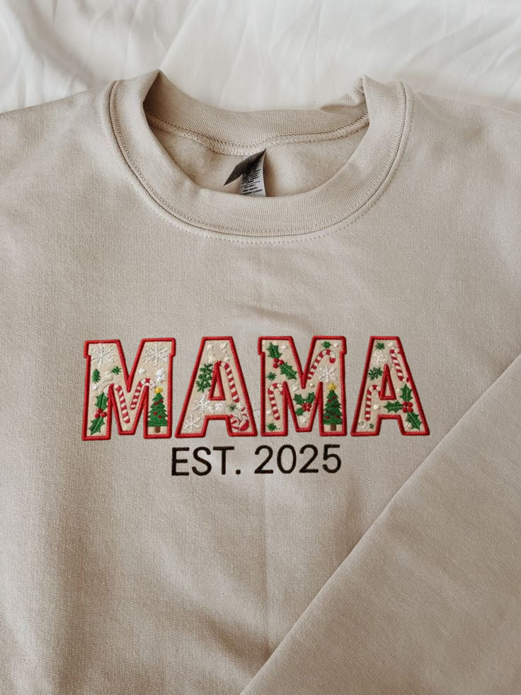 Christmas Mama Sweatshirt, Personalized Est. Year Sweater, Holiday Mama Shirt, Custom Mom Gift, Festive Winter Outfit
