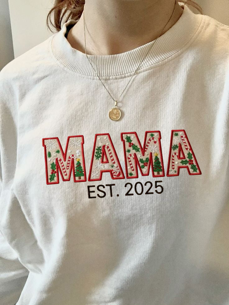 Christmas Mama Sweatshirt, Personalized Est. Year Sweater, Holiday Mama Shirt, Custom Mom Gift, Festive Winter Outfit
