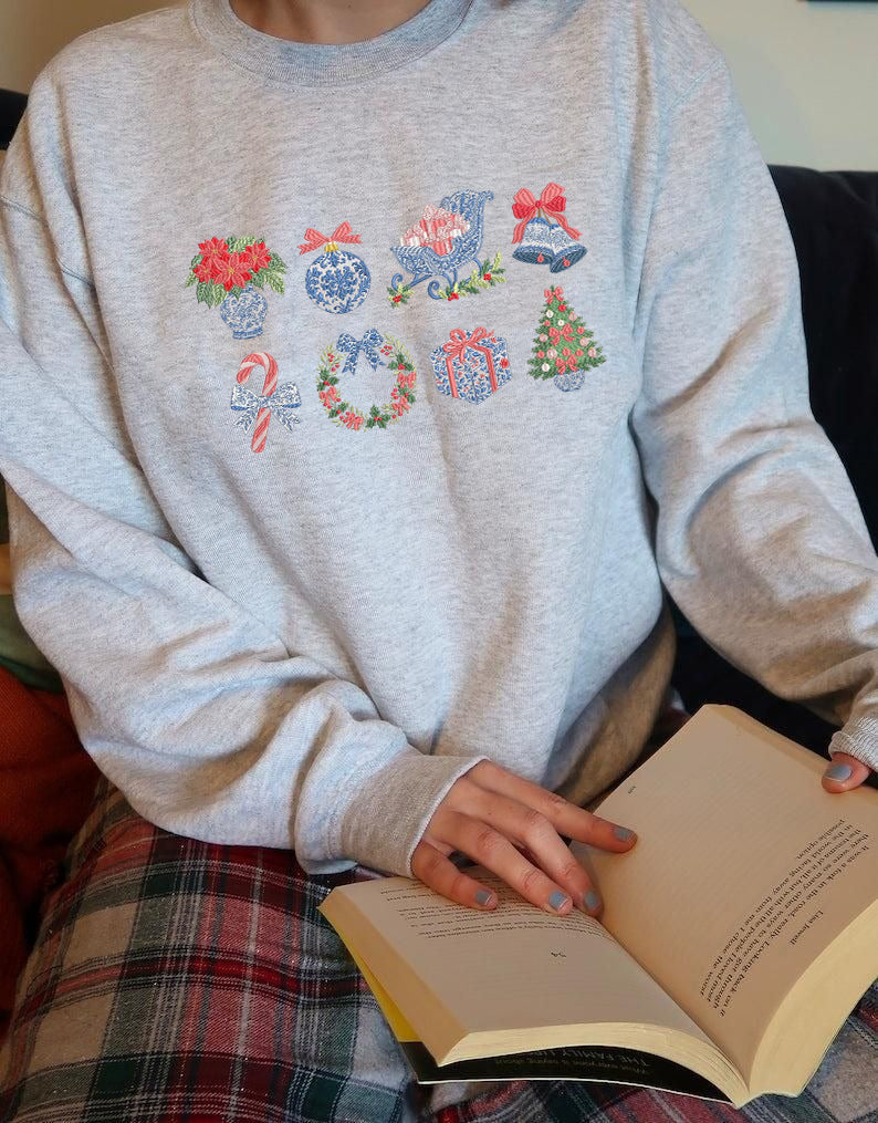 Christmas Icons Embroidered Sweatshirt, Holiday Gift Sweater, Cozy Winter Crewneck, Festive Outfit, Cute Xmas Sweater