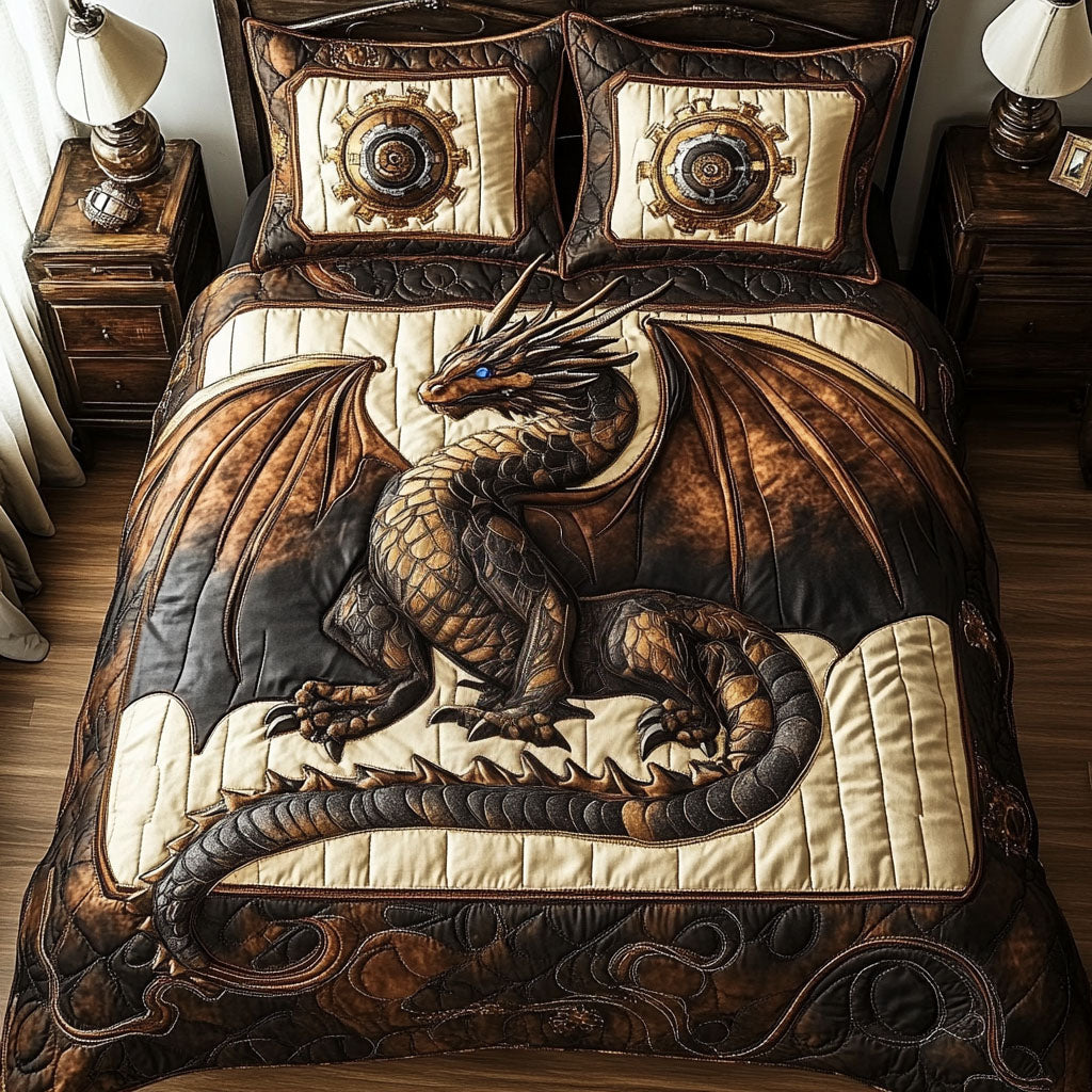 Fantasy Dragon Quilted Bedding Set, Dragon Blanket, Quilt with Pillow Covers, Lover Bedroom Decor QBEDSET55