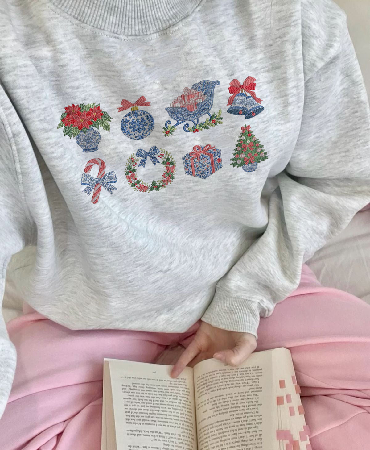 Christmas Icons Embroidered Sweatshirt, Holiday Gift Sweater, Cozy Winter Crewneck, Festive Outfit, Cute Xmas Sweater