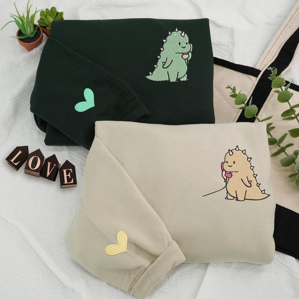 Cute Dinosaur Couple Hoodie, Matching Hoodie Set for Him and Her, Dino Phone Print Sweatshirt, Cute Lovers Outfit Gift