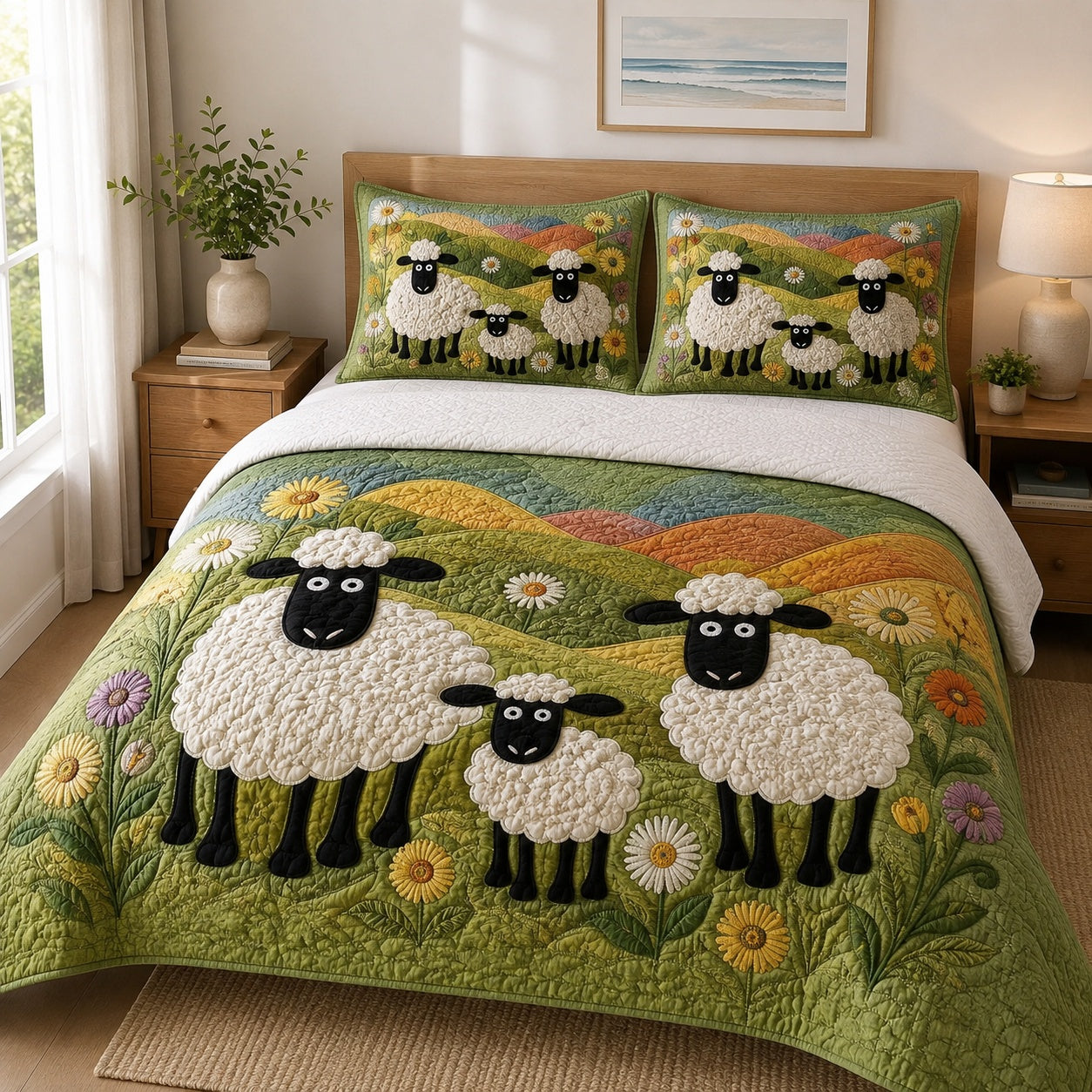 Family Sheep Quilted Bedding Set, Sheeps Pattern Quilt with Pillow Covers, Bedroom Decor QBEDSET28